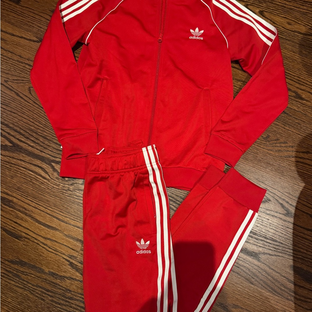 Adidas Bold Red Track Suit (Jacket & Pants) with Signature Stripes